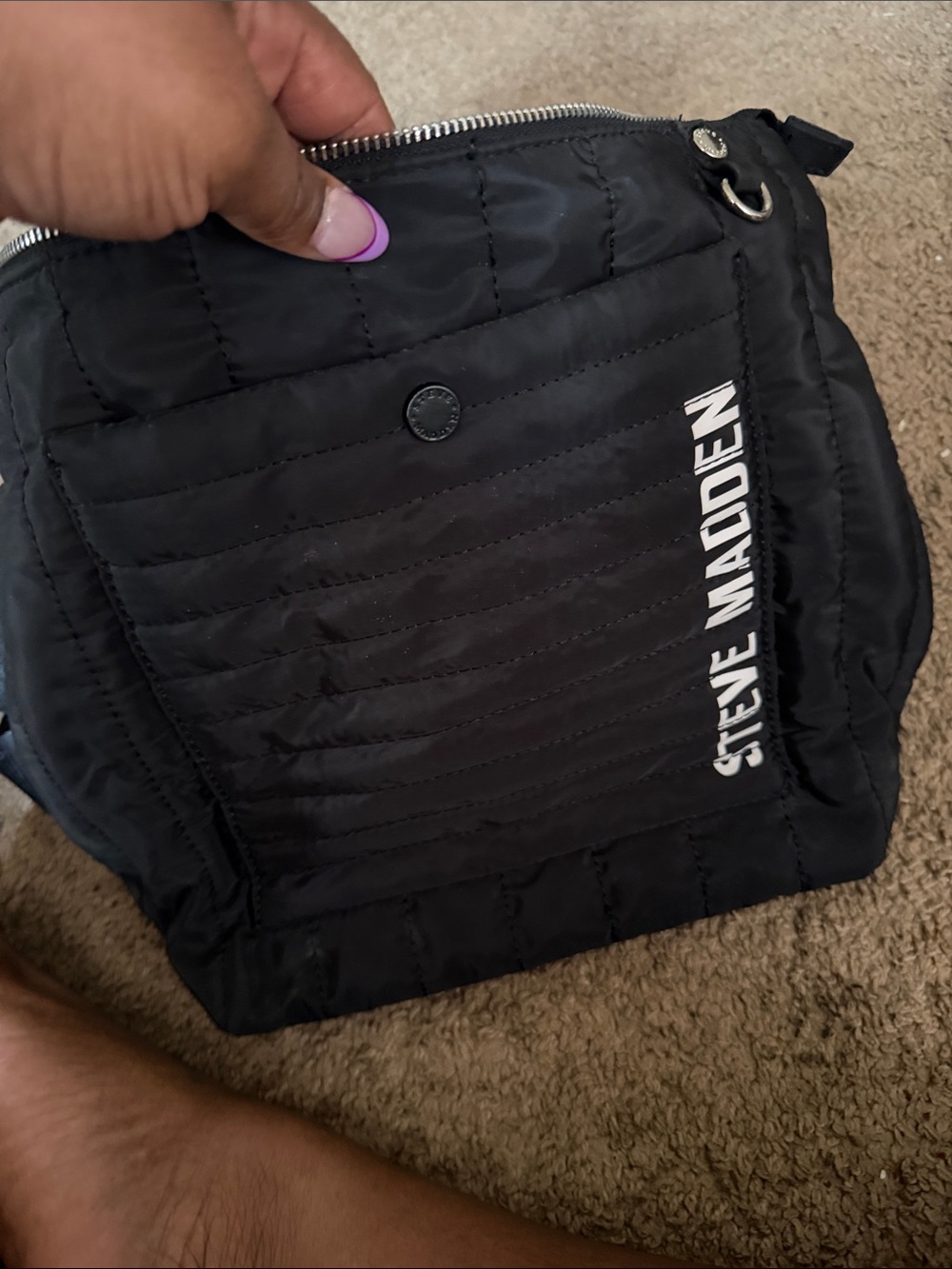 Steve Madden Black Quilted Belt Bag with White Logo